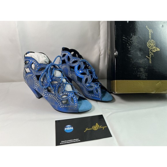 Joan Boyce Women's Denim Style Blue Cut Out Rhinestone Open Toe Heels Size‎ 6 - Picture 1 of 8